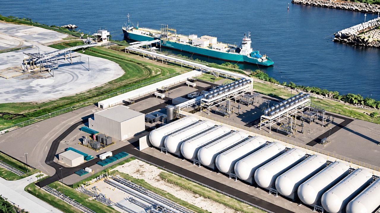 Aerial view of a carbon dioxide terminal with storage tanks and a cargo vessel at the port