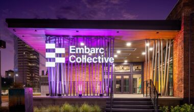 Embarc Collective headquarters illuminated at night in Tampa