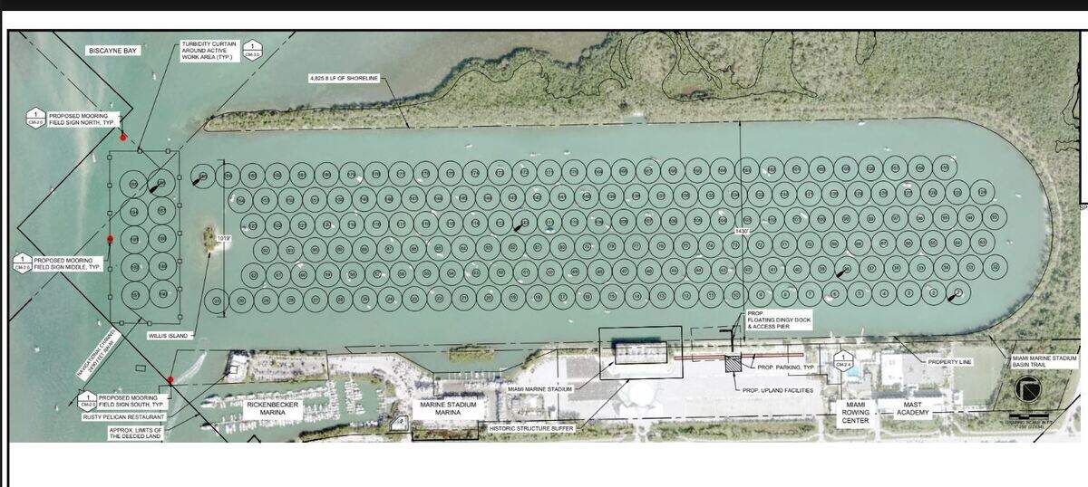 City of Miami permit application images reveal what 195 anchors might look like in the Miami Marine Stadium basin.