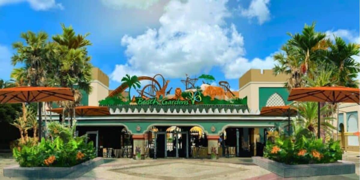 The entrance to Busch Gardens Tampa Bay on a sunny day.