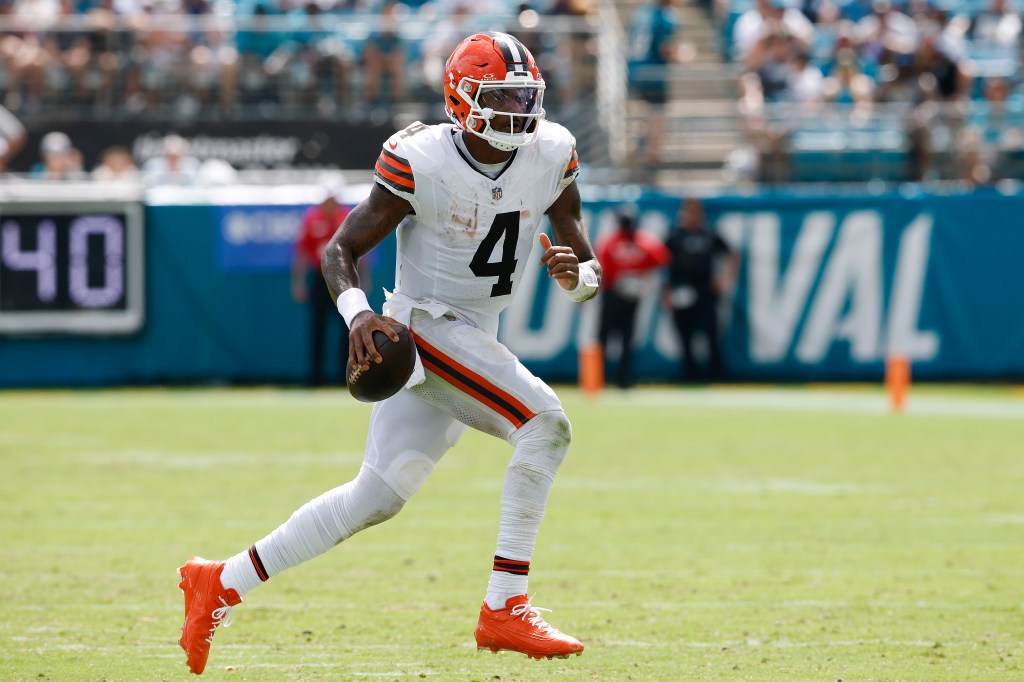 Deshaun Watson of the Cleveland Browns running with the ball against the Jacksonville Jaguars.