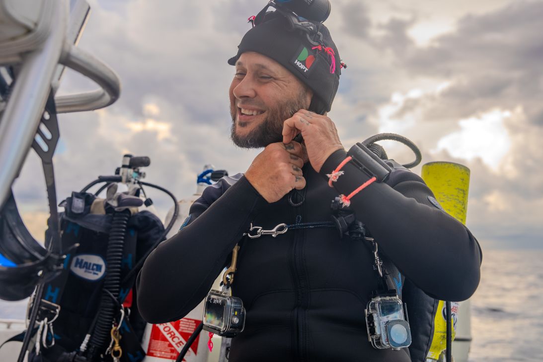Sorensen prepares to dive. He'll typically conduct two or three dives a day, alternating with his dive partner.