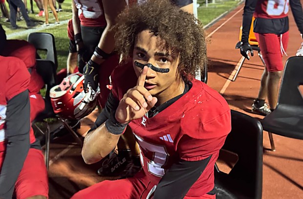 Edgewater athlete Dylan Troutman after scoring a touchdown during the first half of the Eagles' victory over West Orange on Friday night, Sept. 25, 2026. (Chris Hays/Orlando Sentinel)