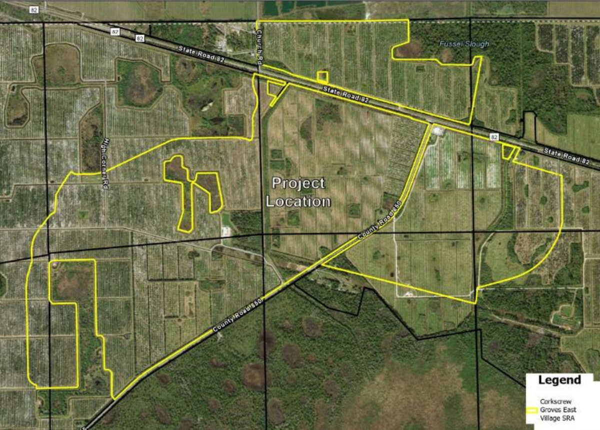 Location map for a proposed village, known as Corkscrew Grove East, in Collier County.