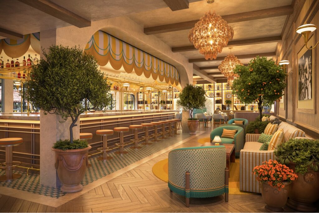 Rendering of Mercante's ivy-covered exterior with striped awnings and a vintage turquoise Fiat 500.