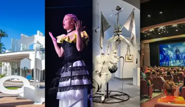 Collage of art events on UM Coral Gables campus, including Lowe Art Museum, theatre art student actor, artwork exhibition and a Cosford Cinema screening.