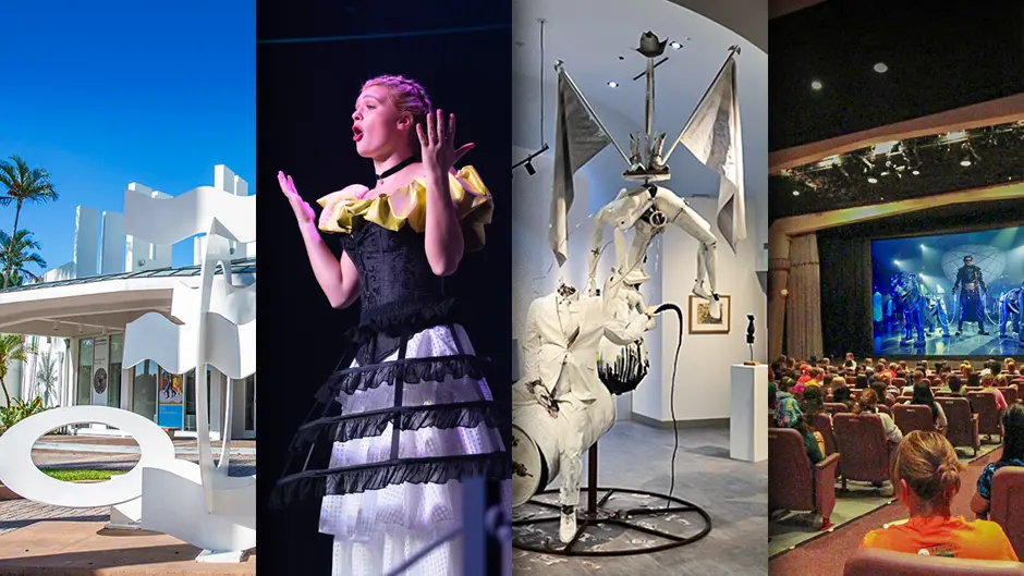 Collage of art events on UM Coral Gables campus, including Lowe Art Museum, theatre art student actor, artwork exhibition and a Cosford Cinema screening.
