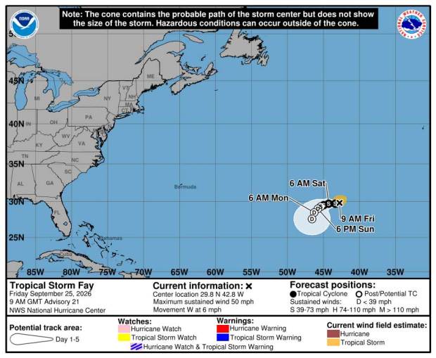 Tropical Storm Fay cone of uncertainty as of 5 a.m. Friday, Sept. 25, 2026. (NHC)