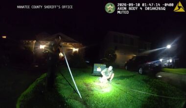 A feisty 8-foot alligator gave Manatee County deputies a hard time as they tried to remove it from a Florida backyard. As Manatee County sheriff’s deputies attempted to remove the gator, it snapped at them, prompting one deputy to say, “This is a job for a trapper.” Body camera video shows the alligator putting up a fight before a trapper arrived to capture the reptile. (MCSO)