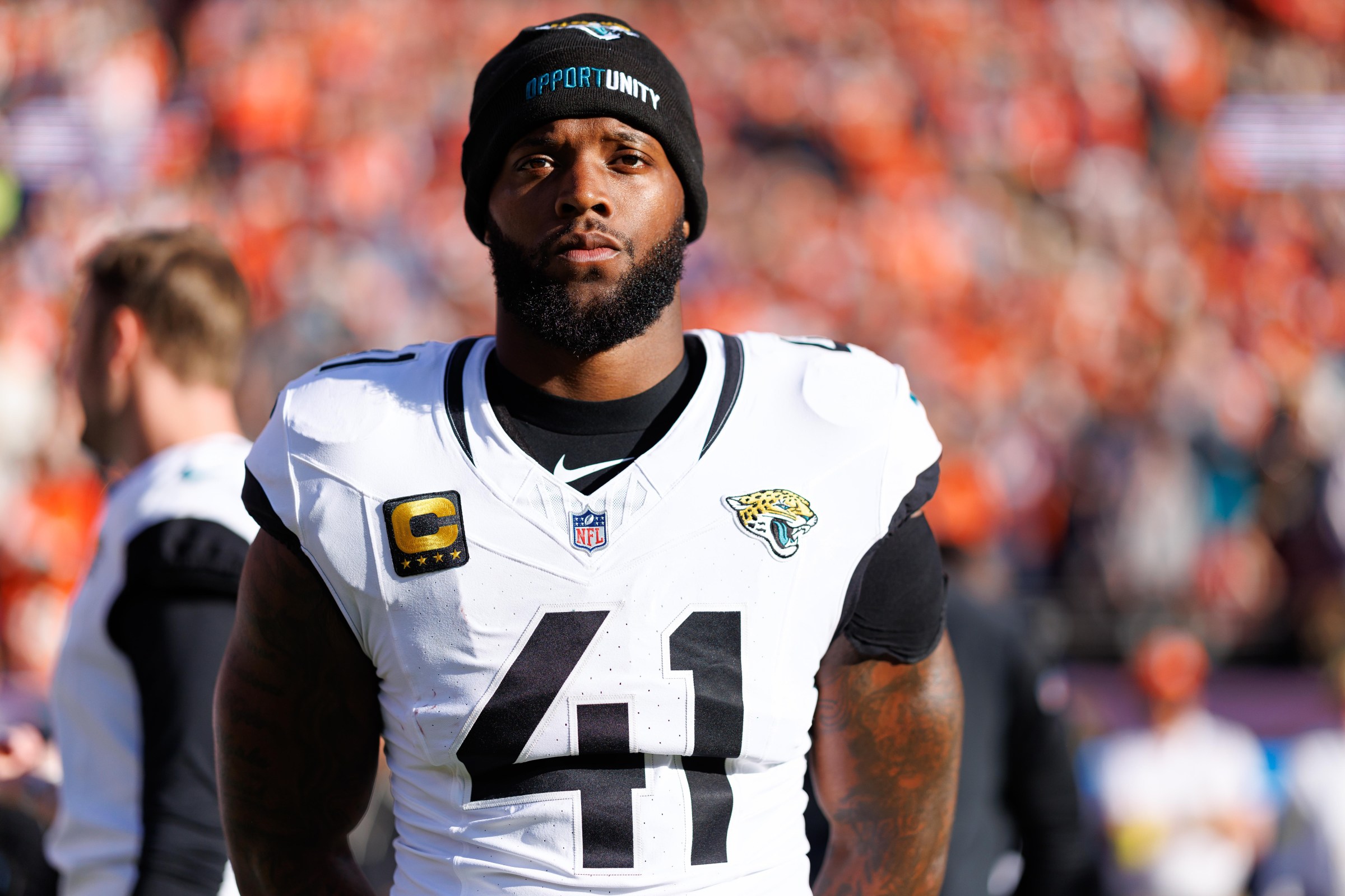 DENVER, COLORADO - DECEMBER 21: Josh Hines-Allen #41 of the Jacksonville Jaguars stands on the sidelines during the national anthem prior to an NFL football game against the Denver Broncos at Empower Field At Mile High on December 21, 2025 in Denver, Colorado. (Photo by Brooke Sutton/Getty Images)
