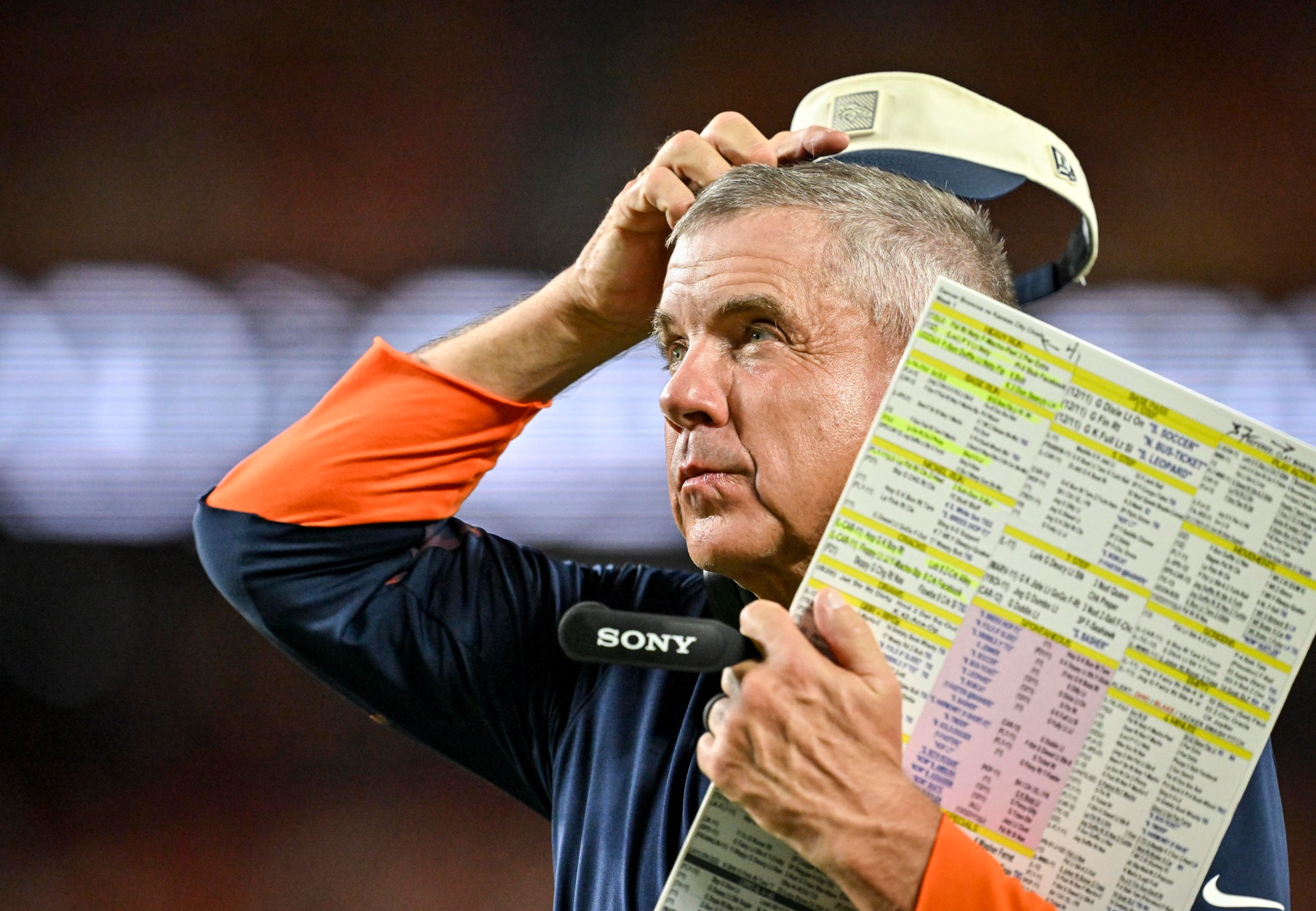 KANSAS CITY , MO - SEPTEMBER 14: Head coach Sean Payton of the Denver Broncos scratches his head during the third quarter against the Kansas City Chiefs at Arrowhead Stadium in Kansas City, Missouri on Monday, September 14, 2026. (Photo by AAron Ontiveroz/The Denver Post)