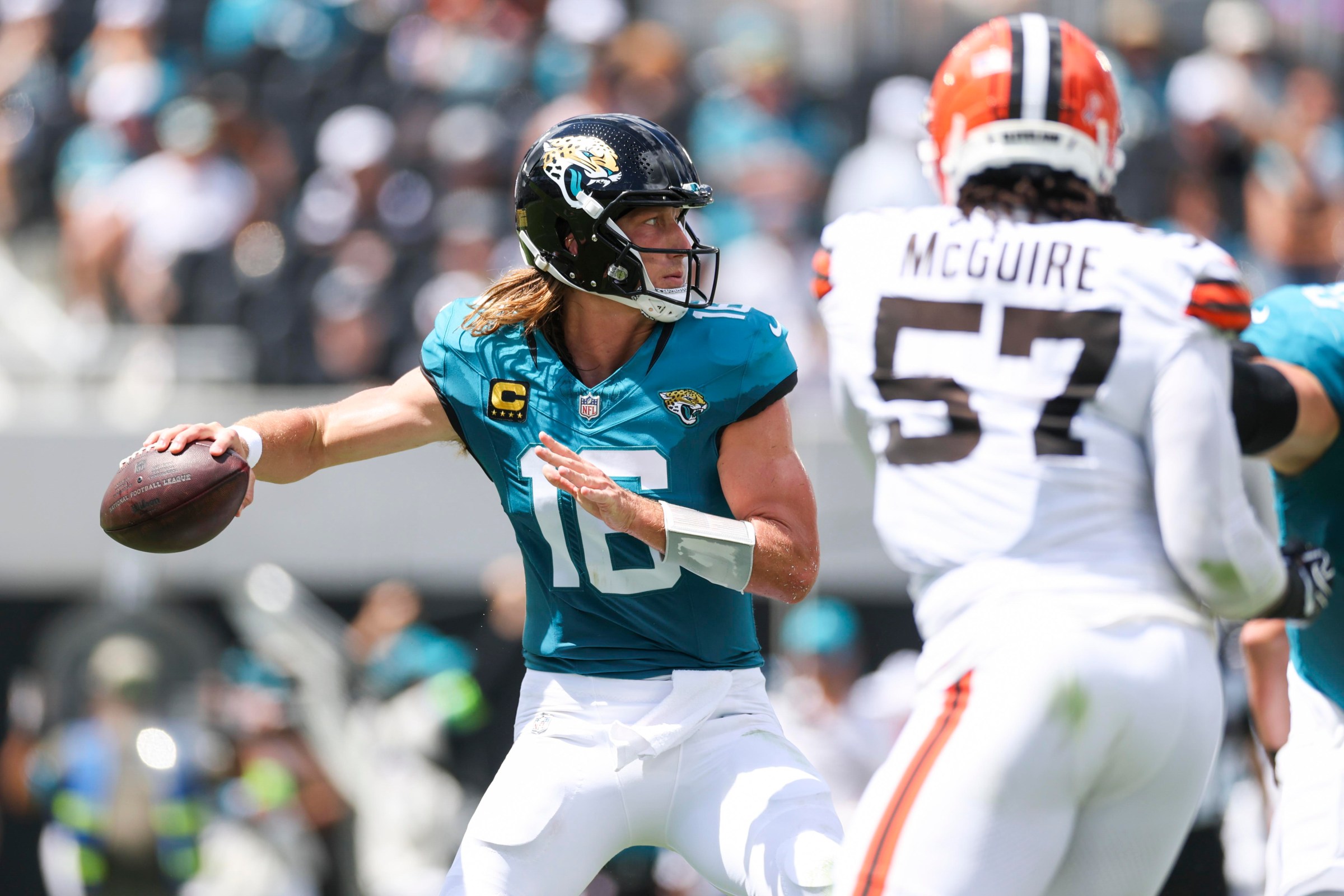 JACKSONVILLE, FLORIDA - SEPTEMBER 13: Trevor Lawrence #16 of the Jacksonville Jaguars throws a pass during the second quarter in an NFL football game against the Cleveland Browns at Everbank Stadium on September 13, 2026 in Jacksonville, Florida. (Photo by Logan Bowles/Getty Images)