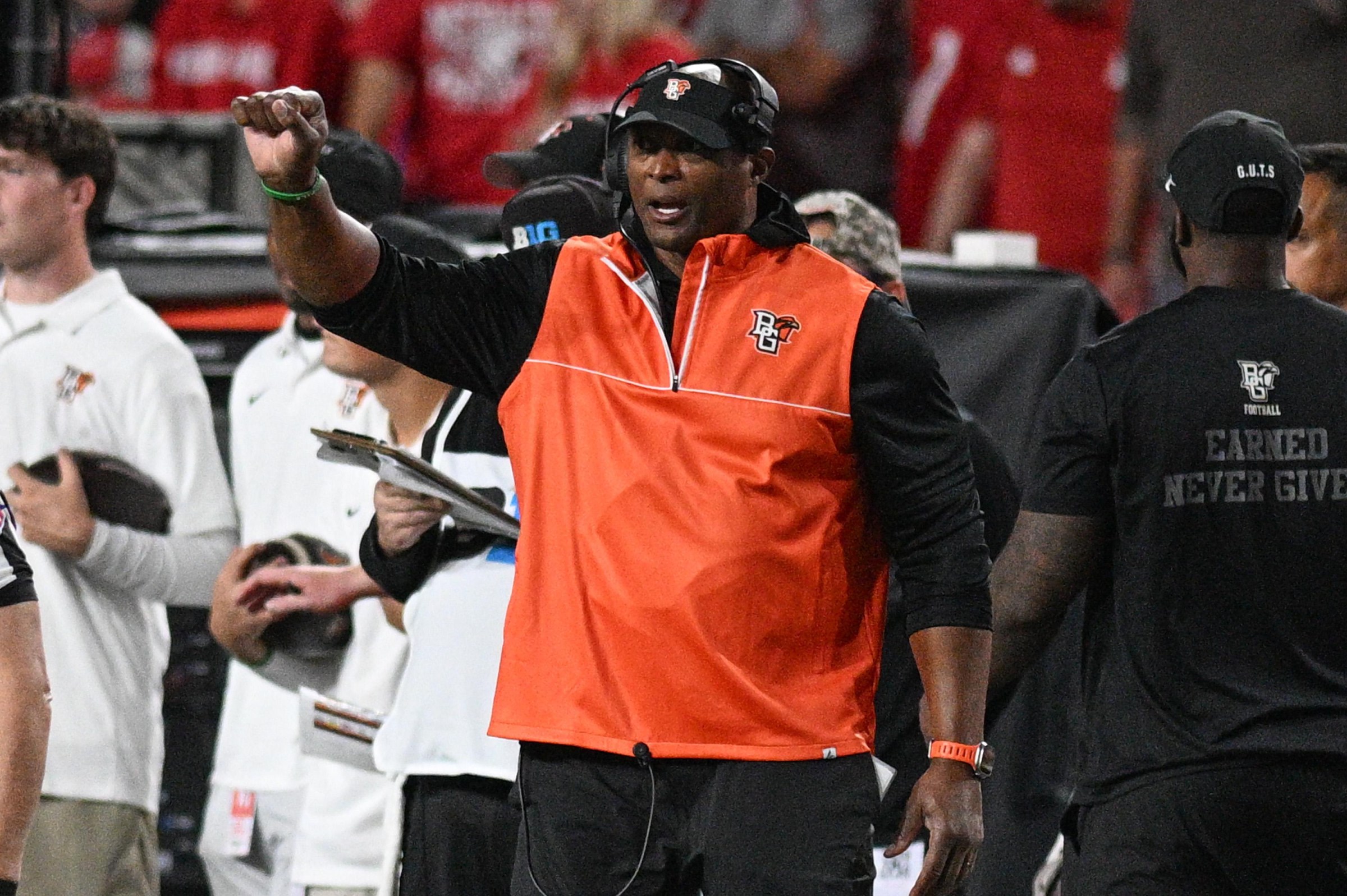 LINCOLN, NEBRASKA - SEPTEMBER 12: Head coach Eddie George of the Bowling Green Falcons signals against the Nebraska Cornhuskers during the second half at Memorial Stadium on September 12, 2026 in Lincoln, Nebraska. (Photo by Steven Branscombe/Getty Images)