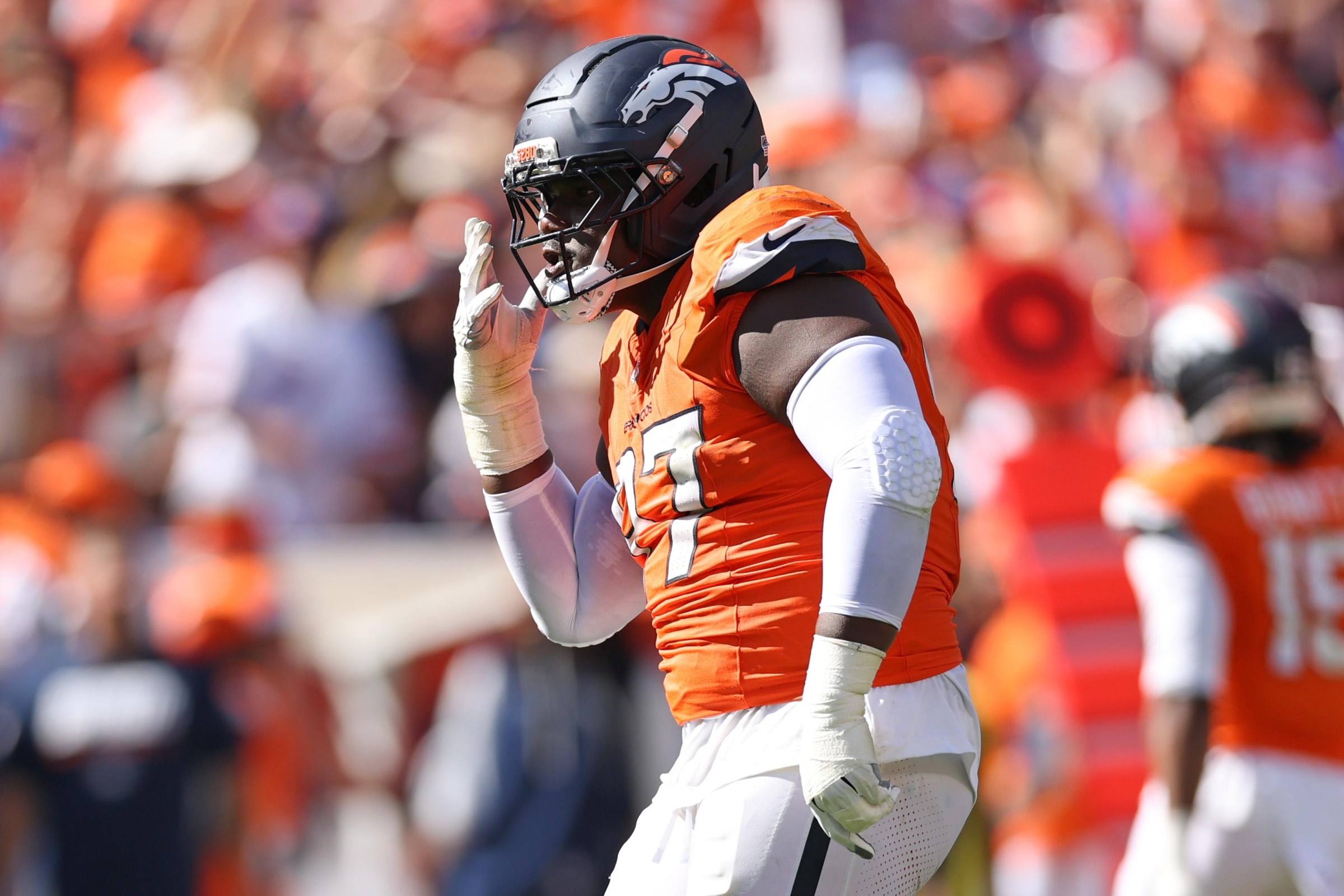 DENVER, COLORADO - SEPTEMBER 20: Malcolm Roach #97 of the Denver Broncos celebrates after making a sack during the second quarter of the game against the Jacksonville Jaguars at Empower Field At Mile High on September 20, 2026 in Denver, Colorado. (Photo by Matthew Stockman/Getty Images)