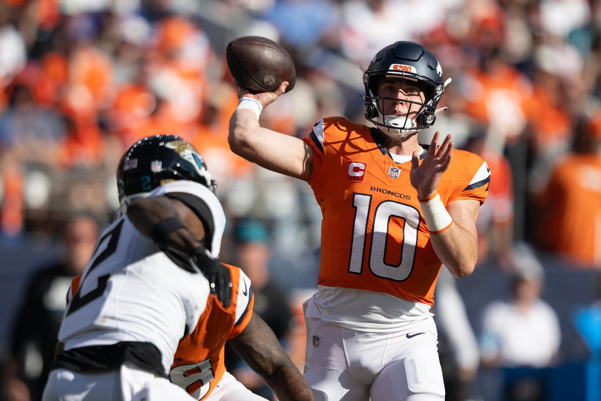 DENVER, CO - SEPTEMBER 20: Quarterback Bo Nix (10) of the Denver Broncos throws during the second half a 20-13 win over the Jacksonville Jaguars on Sunday, Sept. 20, 2026, at Empower Field at Mile High in Denver, Colo. (Photo by Timothy Hurst/MediaNews Group/The Denver Post via Getty Images)