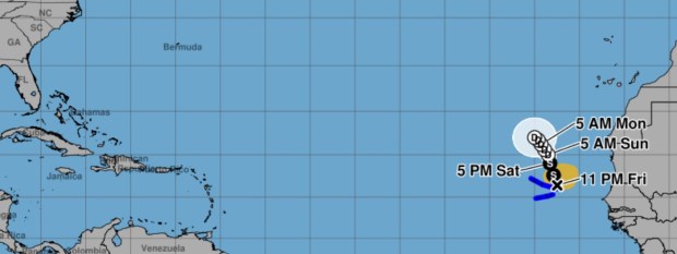 Tropical Storm Gonzalo's forecast cone as of 8 p.m. Friday,  Sept. 25, 2026. (National Hurricane Center/Courtesy)