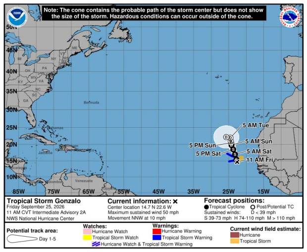 Tropical Storm Gonzalo cone of uncertainty as of 5 a.m. Friday, Sept. 25, 2026. (NHC)