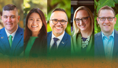 University of Miami experts recently shared their findings with a national audience through “The Academic Minute.” From left to right, Alberto J. Caban-Martinez, Nina Huang, Guillermo “Willy” Prado, Jill Ehrenreich-May and Justin Stoler. Photo: University of Miami