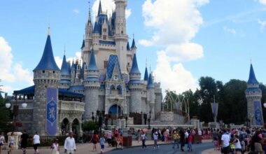 Cinderella Castle in Disney World with guests walking in front