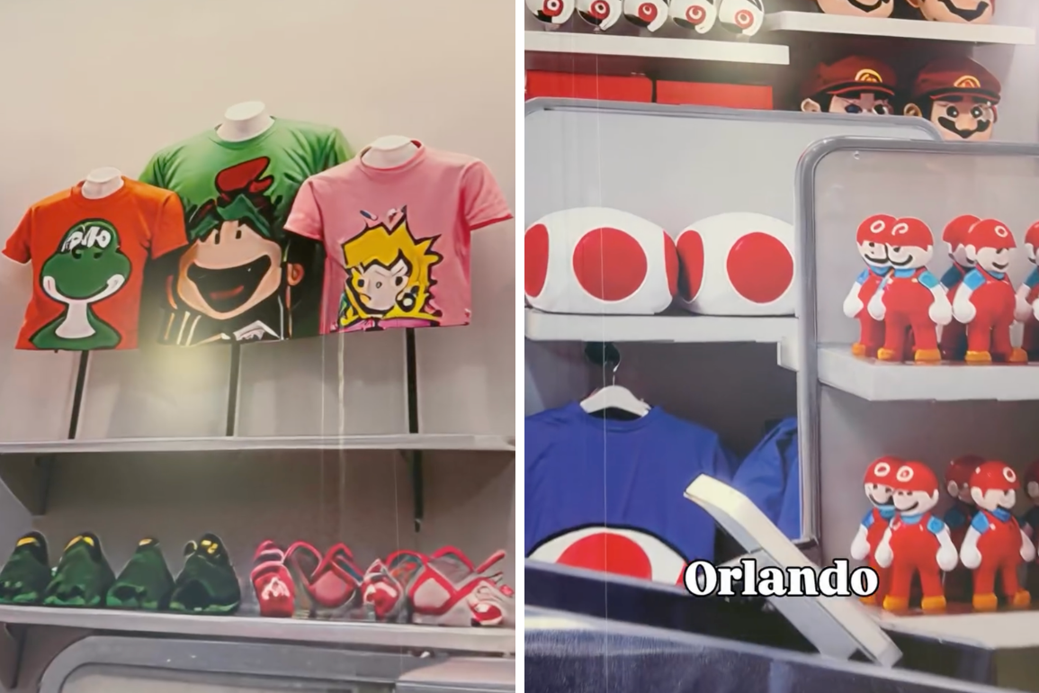 Distorted AI-Generated Images Cover Universal Store Construction Wall at Orlando Airport