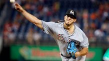 Miami Marlins starting pitcher Jose Fernandez throws during the first inning of a baseball game against the Washington Nationals at Nationals Park, Friday, Sept. 18, 2015, in Washington. (AP Photo/Alex Brandon)