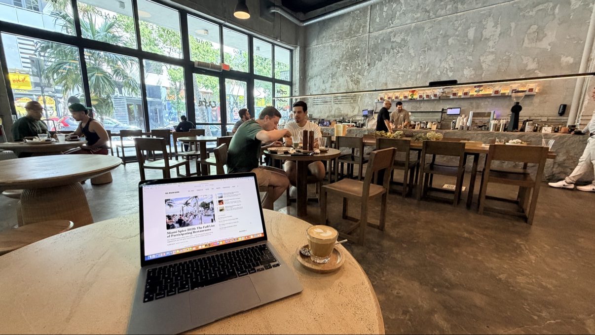Working over a latte at a coffee shop in Miami