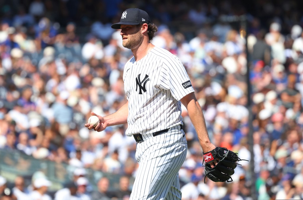 New York Yankees pitcher Gerrit Cole reacting during a game.
