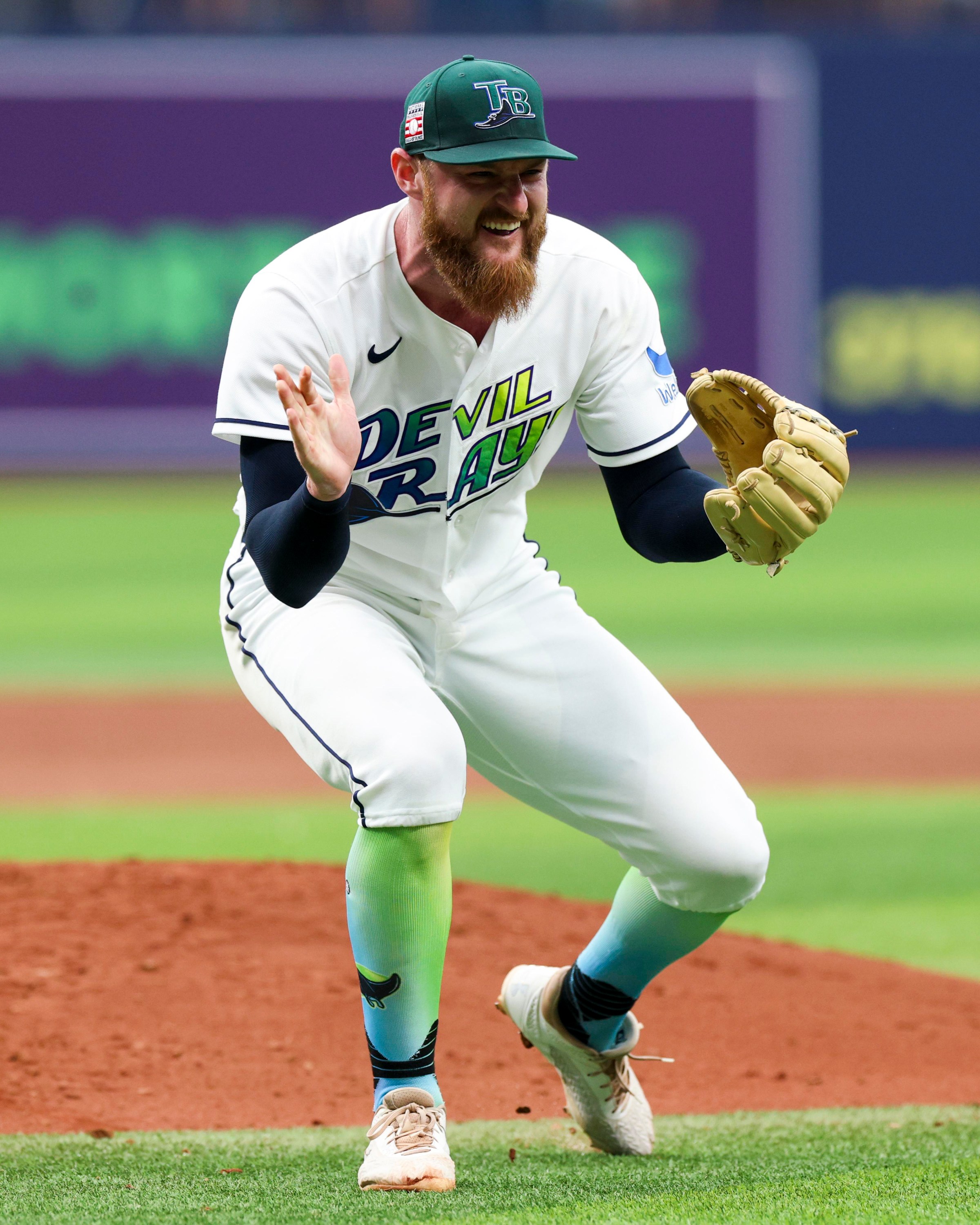 Jul 26, 2026; St. Petersburg, Florida, USA; Tampa Bay Rays pitcher Bryan Baker (47) reacts after beating the Cleveland Guardians in the ninth inning at Tropicana Field. Mandatory Credit: Nathan Ray Seebeck-Imagn Images
