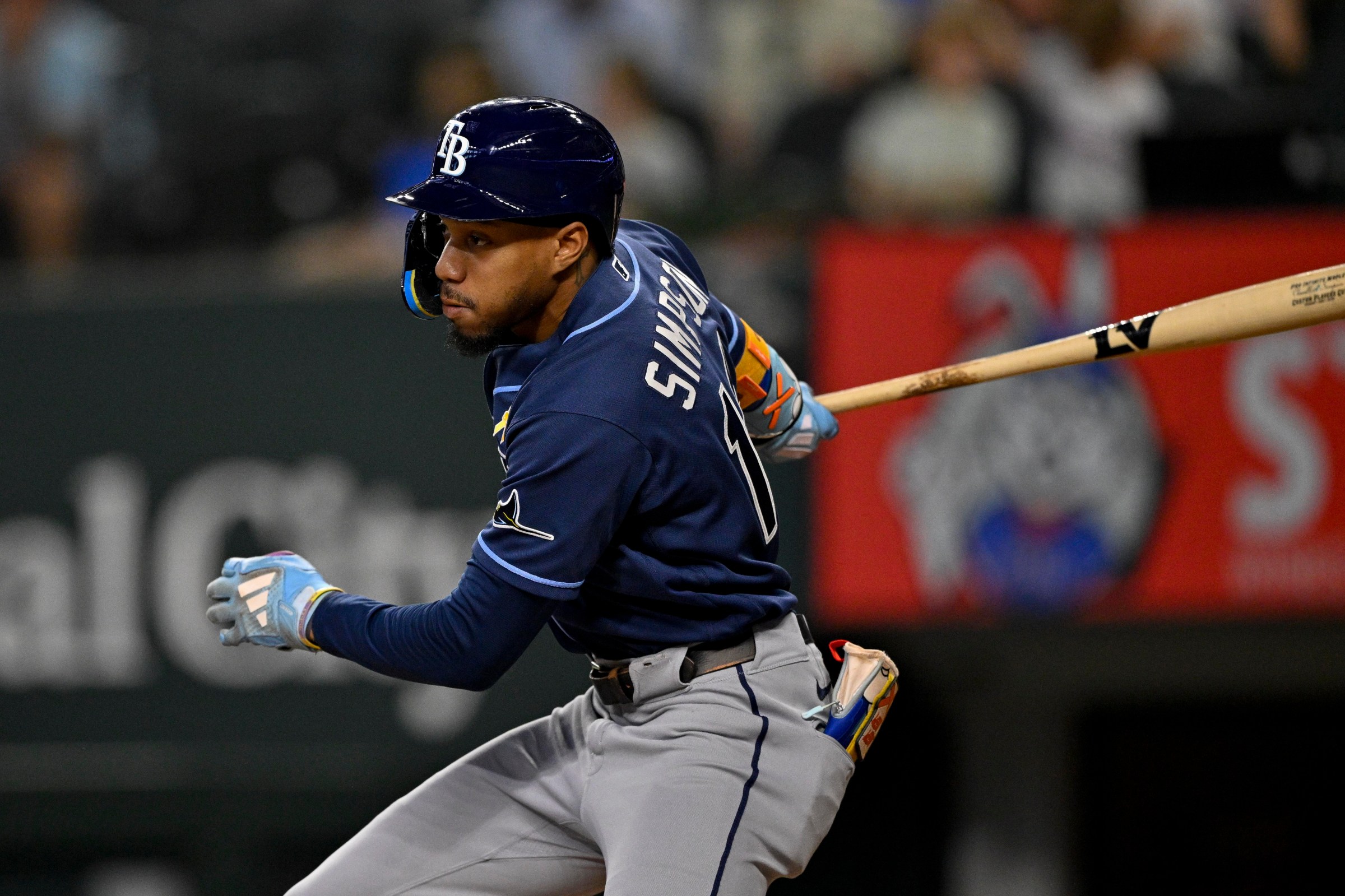 Sep 6, 2026; Arlington, Texas, USA; Tampa Bay Rays left fielder Chandler Simpson (14) bats during the game between the Rangers and the Rays at Globe Life Field. Mandatory Credit: Jerome Miron-Imagn Images
