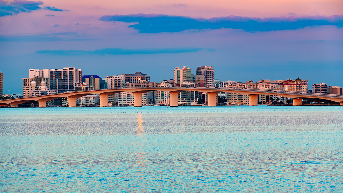 Twilight view of Sarasota skyline in Florida.