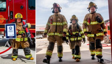 Split image of Autumn holding a firehose in her uniform, and Autumn walking next to her captains