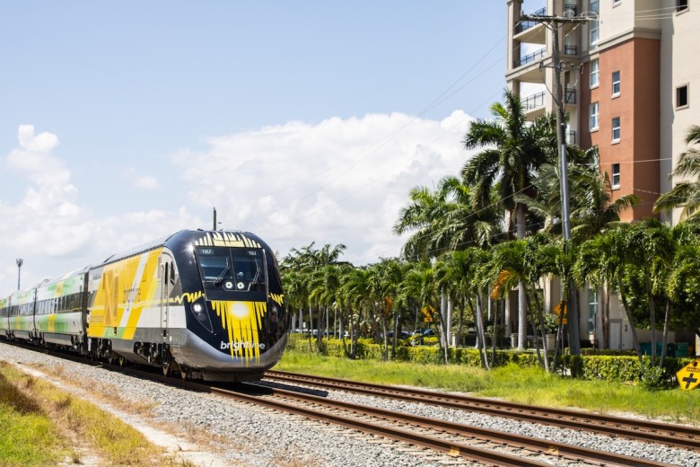 Brightline train on track in West Palm Beach, Florida.