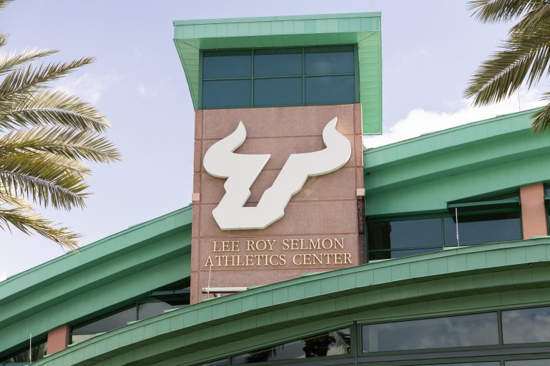 Exterior view of the Lee Roy Selmon Athletics Center featuring the USF Bulls logo at the University of South Florida campus in Tampa.