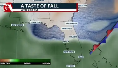 A map of Florida labeled "a taste of fall" after a hot start to the week.