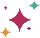 Four vibrant sparkle icons in red, green, orange, and blue twinkle against a light gray backdrop, evoking the festive energy of a theme park celebration.