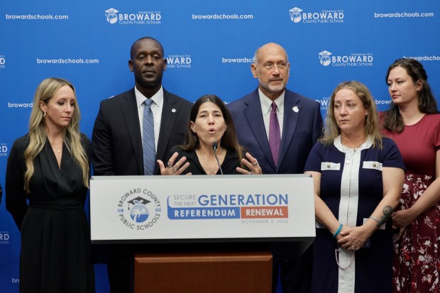 Broward Teachers Union President Anna Fusco, along with Broward School Board members, holds a joint press conference on Tuesday, Sept. 15, 2026. (Mike Stocker/South Florida Sun Sentinel)