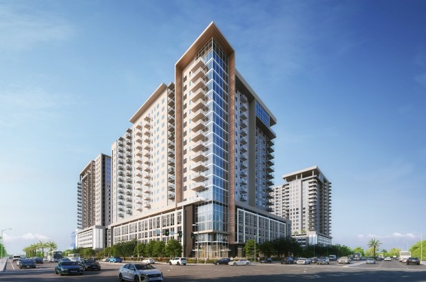 An artist's illustration of The Plaza Davie District, a $1 billion project featuring five towers, nearly 1,300 apartments, and 36,000 square feet of retail and restaurant space in Davie. (El-Ad National Properties/Courtesy)