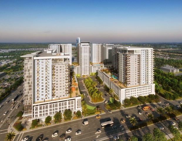 An artist's illustration of The Plaza Davie District, a $1 billion project featuring five towers, nearly 1,300 apartments, and 36,000 square feet of retail and restaurant space in Davie. (El-Ad National Properties/Courtesy)