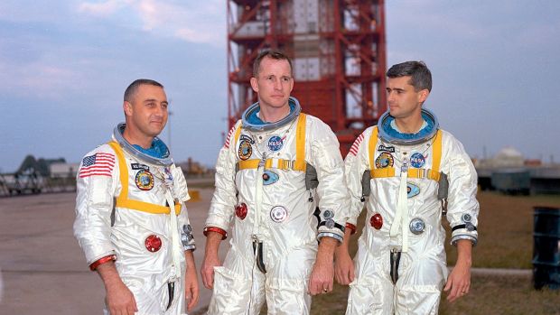 From left, veteran astronaut Virgil Grissom, first American spacewalker Ed White and rookie Roger Chaffee, stand for a photograph in Cape Kennedy. During a launch pad test on Jan. 27, 1967, a flash fire erupted inside their capsule killing the three Apollo crew members. (NASA)
