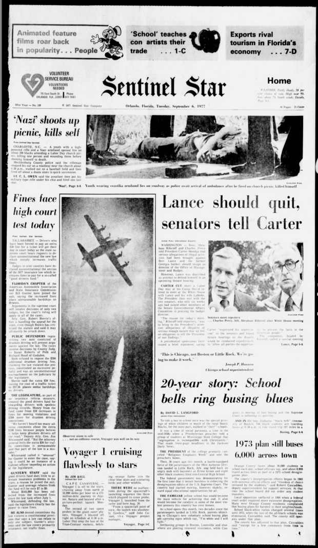 The front page of the Orlando Sentinel Star from Tuesday, Sept. 6, 1977 with coverage of the launch of Voyager 1. (Orlando Sentinel file)