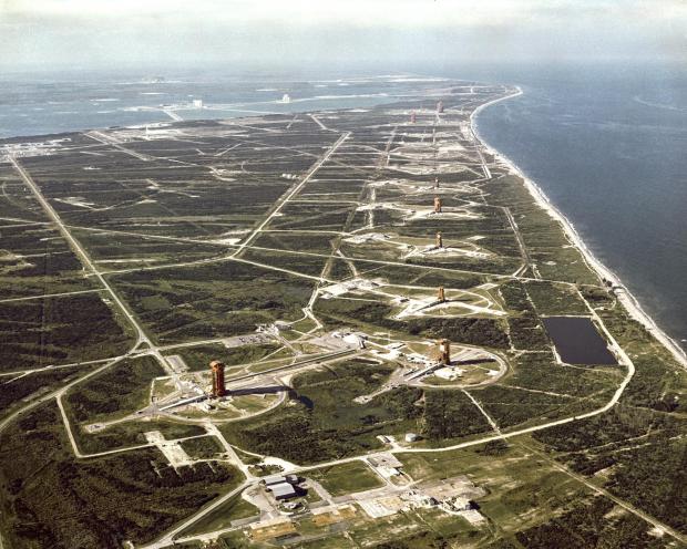 Launch pads dot Cape Canaveral making up "Missile Row" in 1964 on what was then known as Cape Kennedy Air Force Station. (NASA)