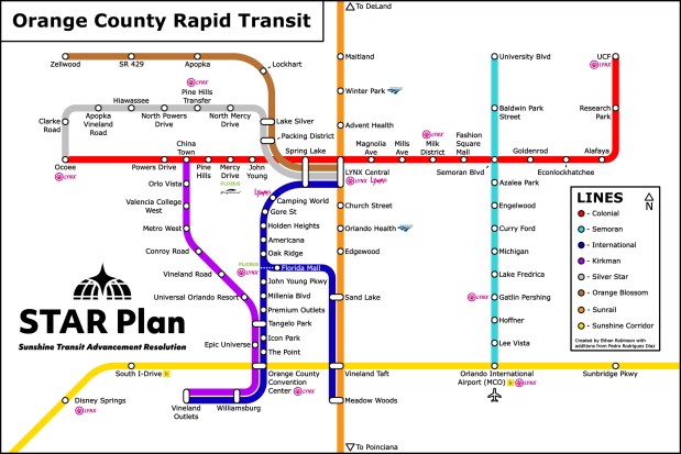 A map of the Sunrise Movement's proposal of the STAR Plan, creating rapid transit lines along busy corridors like Orange Blossom Trail, Colonial Drive and Semoran Boulevard. (Sunrise Movement Orlando)