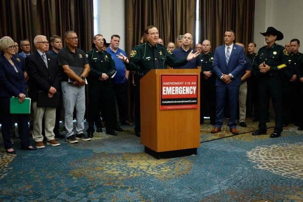Polk County Sheriff Grady Judd warns of the impact on local services provided by first responders should Amendment 3 pass in the state during a news conference in Lake Mary, where sheriffs, fire chiefs, police chiefs, firefighters and law enforcement leaders from throughout Florida joined together to voice their concerns on Thursday, September 15, 2026. (Rich Pope/Orlando Sentinel