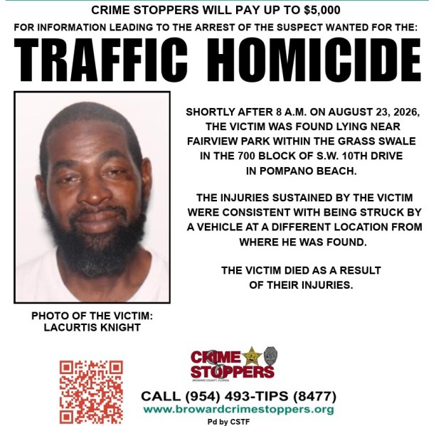A reward of $5,000 is offered for information leading to an arrest in the death of Lacurtis Knight, 44, of Tamarac, who was found near a park in Pompano Beach on Aug. 23, 2026. (Broward Crime Stoppers/Courtesy)