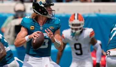 Jacksonville Jaguars quarterback Trevor Lawrence (16) passes in the first half of an NFL football game, Sunday, Sept. 13, 2026, in Jacksonville. (AP Photo/Mike Stewart)