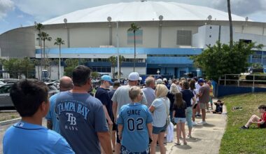 Fans wait outside Tropicana Field before the Rays home opener on April 6, 2026. (Spectrum News/Anthony Sande)