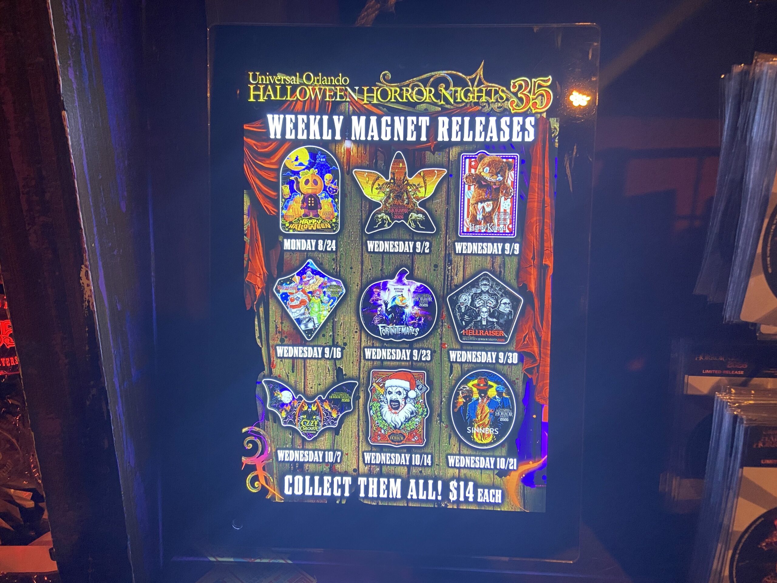 Each week of Halloween Horror Nights 35 at Universal Orlando Resort, a new magnet is released based on one of the event's icons or IPs. Here are all of the magnets released so far and a preview of upcoming magnets.