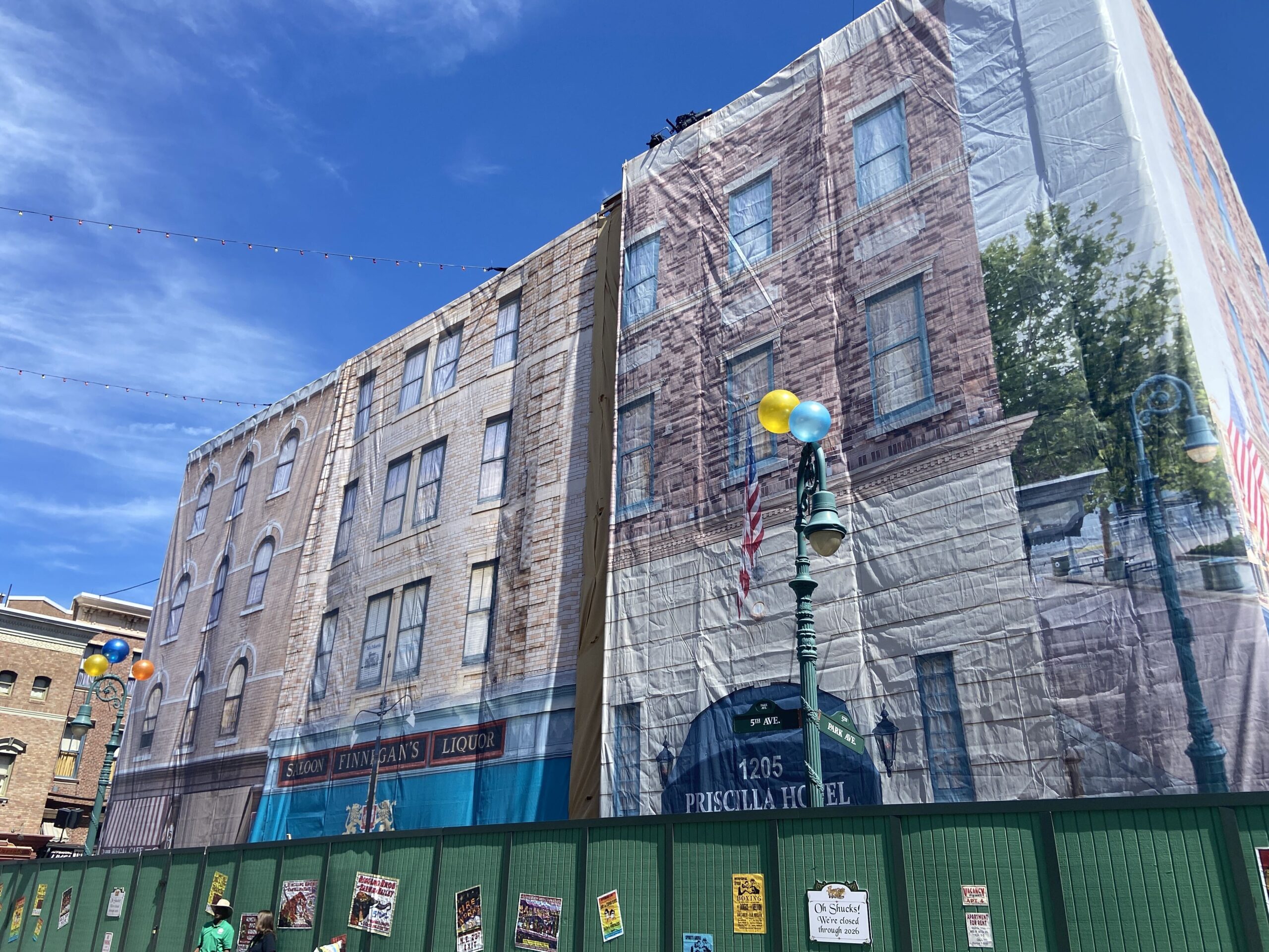 The Priscilla Hotel facade at Universal Studios Florida now has printed themed scrim, offering a slightly nicer view of the building for guests.