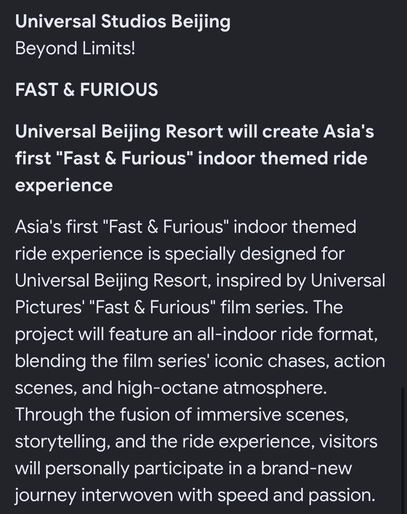 Universal Beijing Resort will be adding a Fast & Furious ride, as well as a lagoon performance to the park