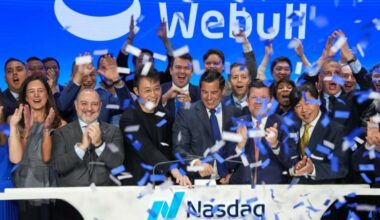 Webull executives and employees celebrate at the Nasdaq MarketSite as confetti falls.